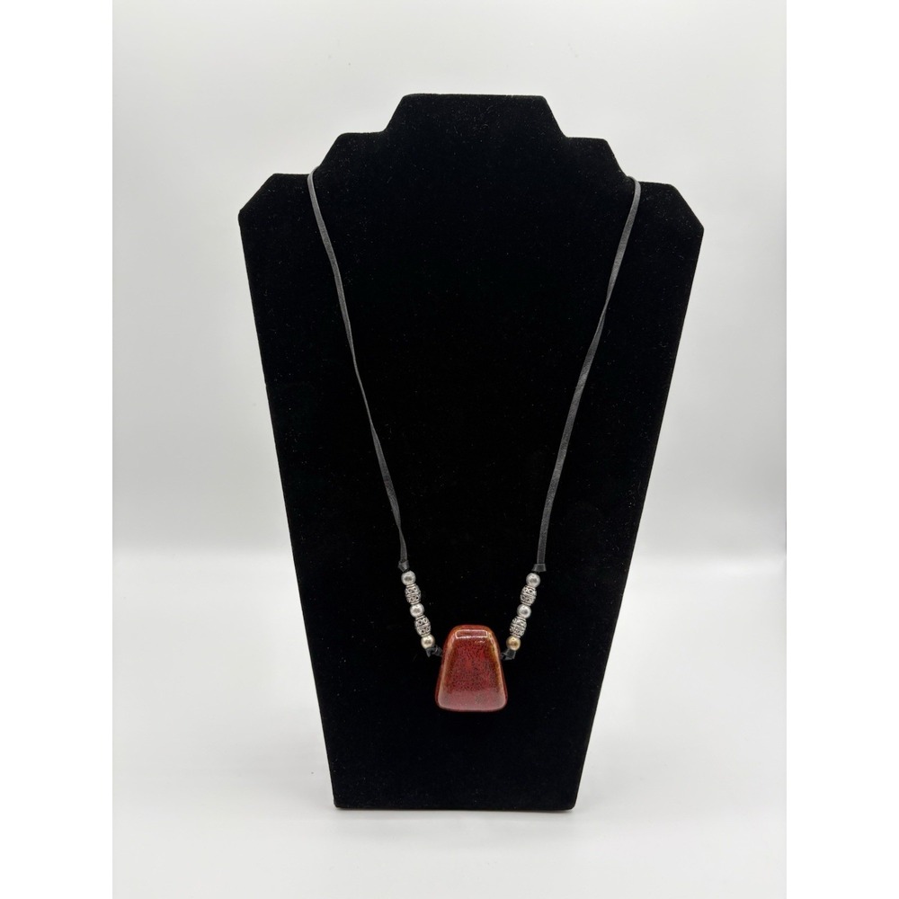 Boho Artisan Pendant Necklace Red Ceramic Stone Bead On Black Cord Tribal Ethnic